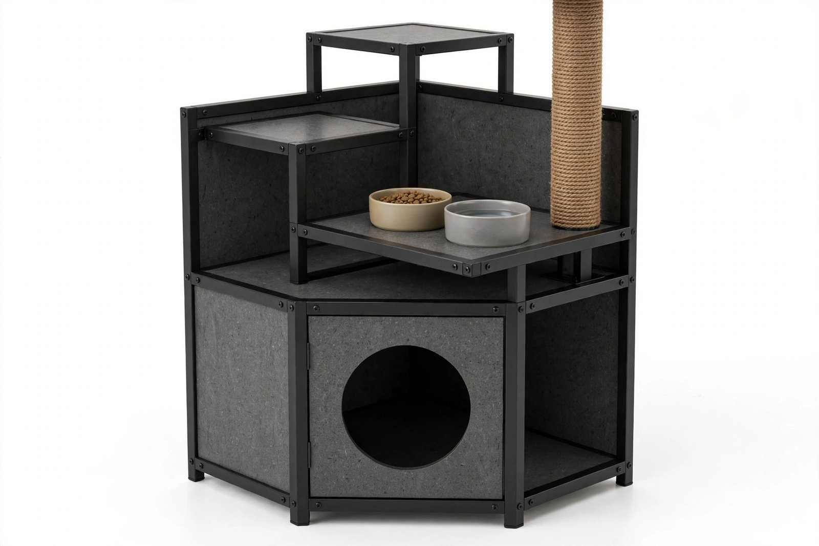 Modern dark-gray furniture-style corner cat tower with enclosed cabinet, raised feeding platform, and scratching post