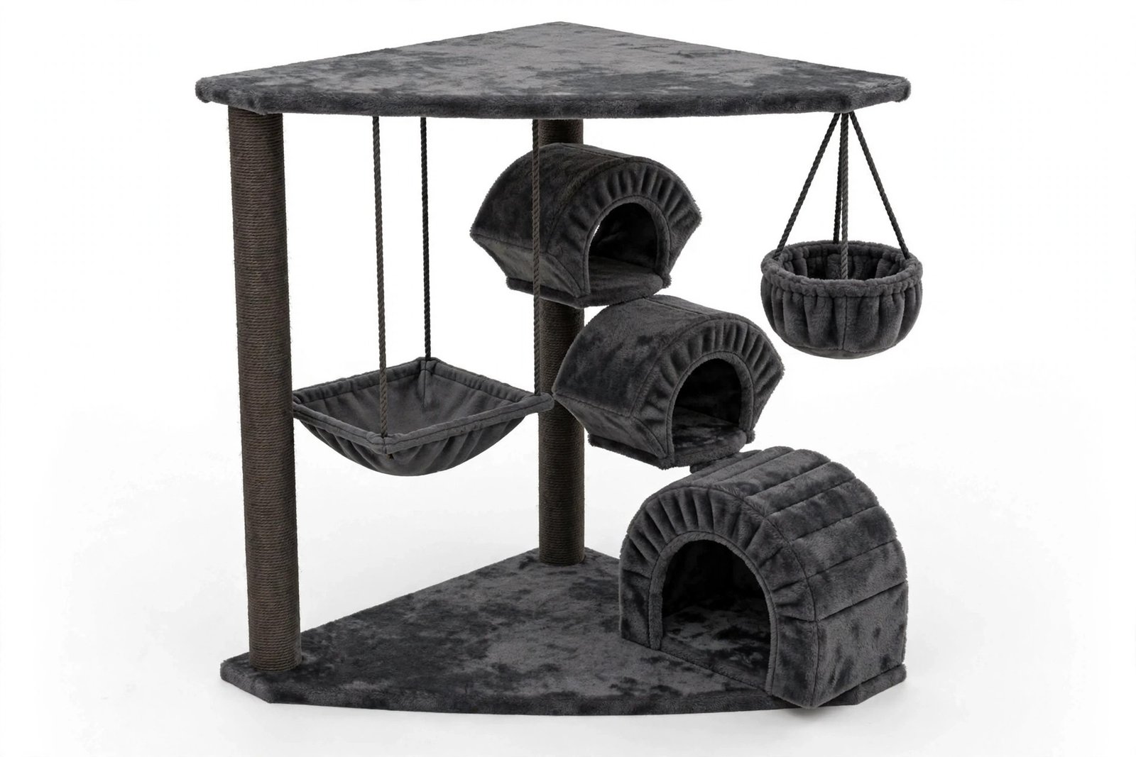 66-inch dark-gray corner cat tree with curved fan-shaped condos, extra-large top platform, and hammock
