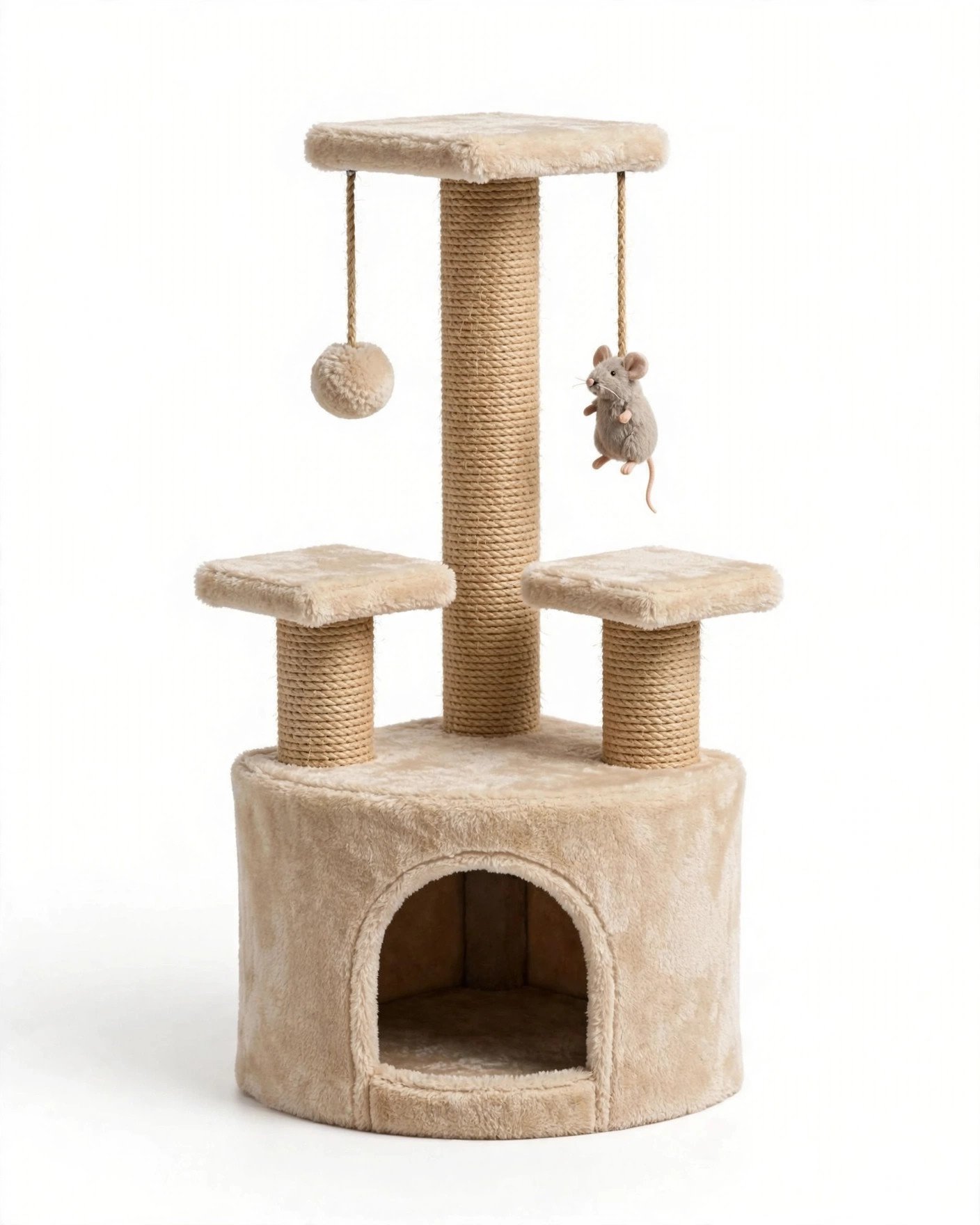 Compact 50-inch beige plush corner cat tree with thick sisal posts, perches, condo, and dangling toys