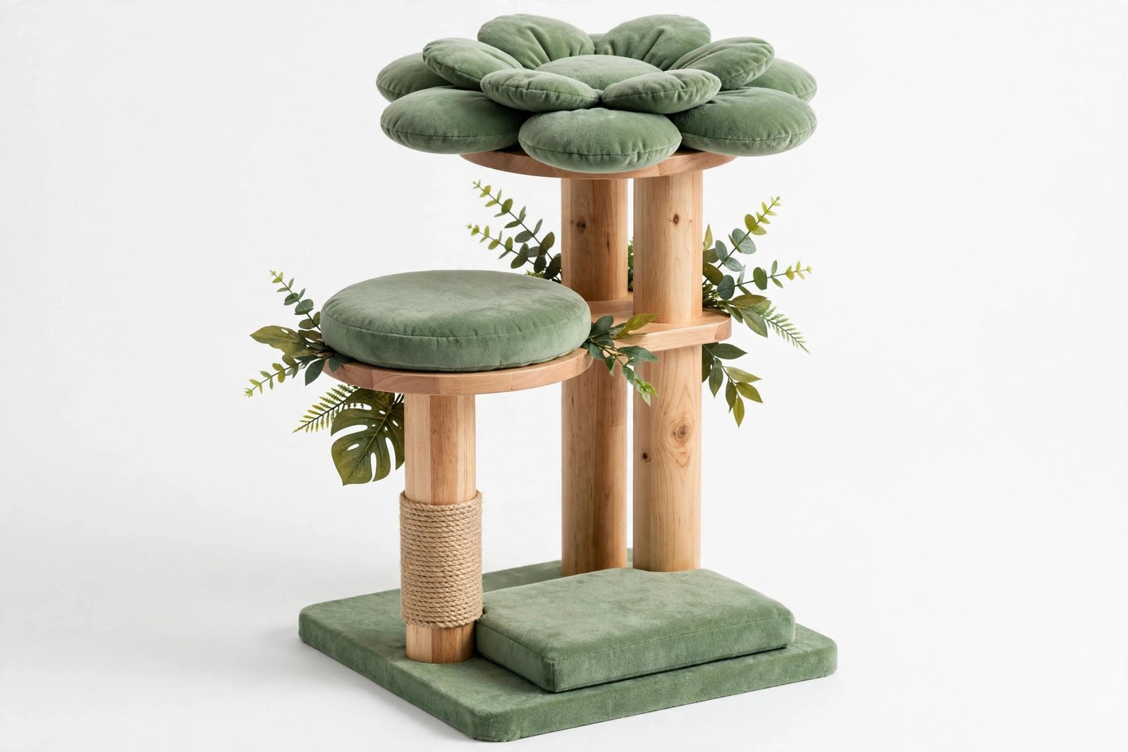 Decorative green cat tree with pear-wood pillars, flower-shaped cushion perch, and leaf accents