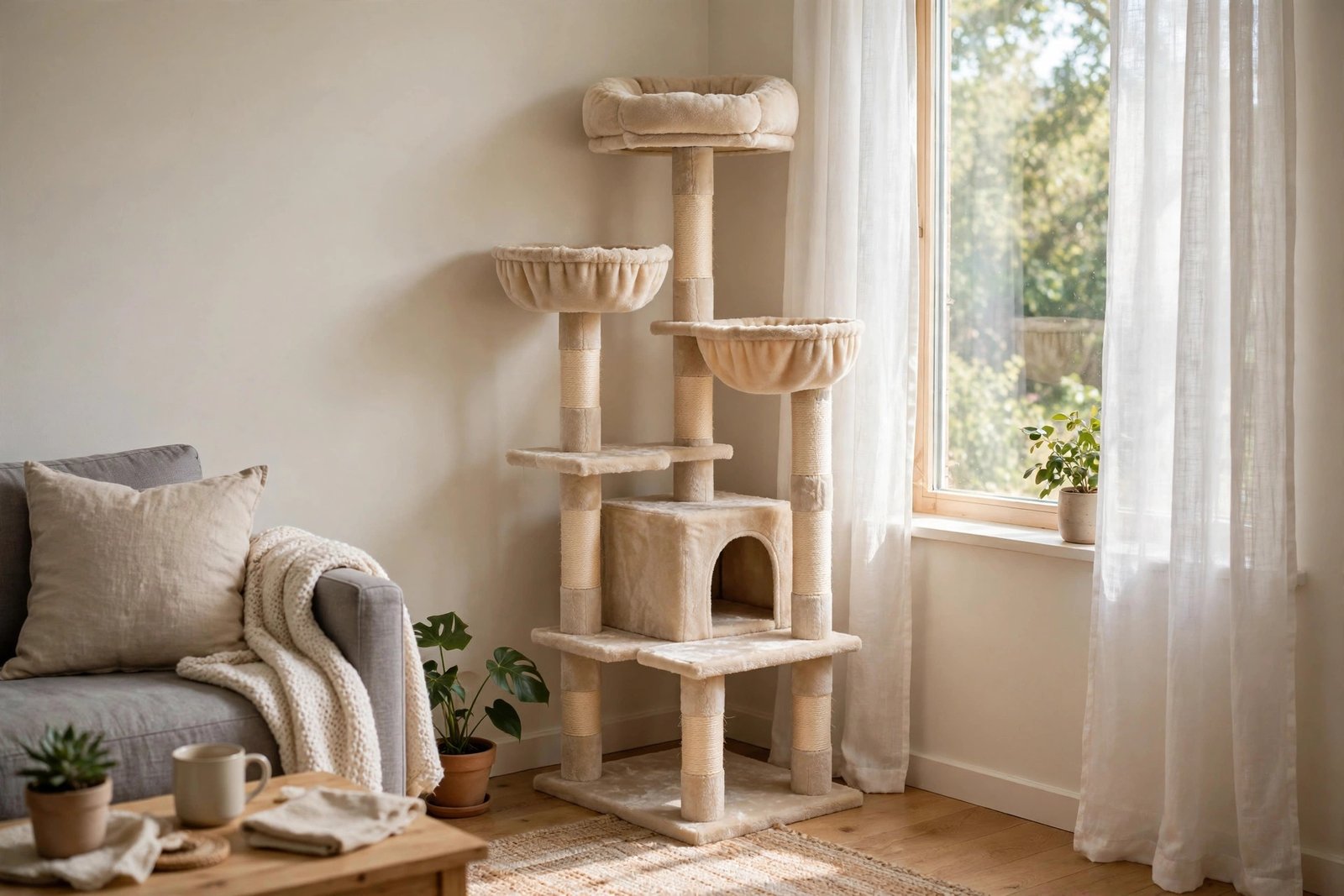 Tall beige plush corner cat tree tucked into the corner of a small bright living room next to a window