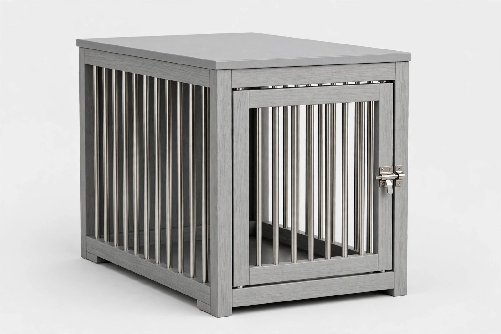 Grey composite end-table dog crate with stainless steel tube spindles and front latch door