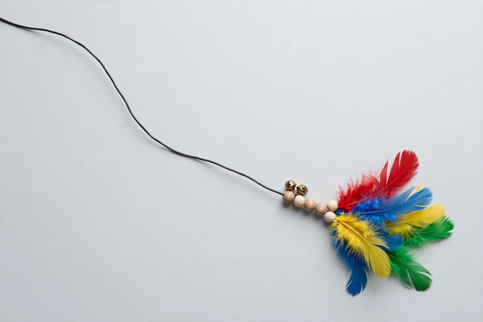 Cat teaser wand with long bendable wire, colorful feather lures, wooden beads and small bells