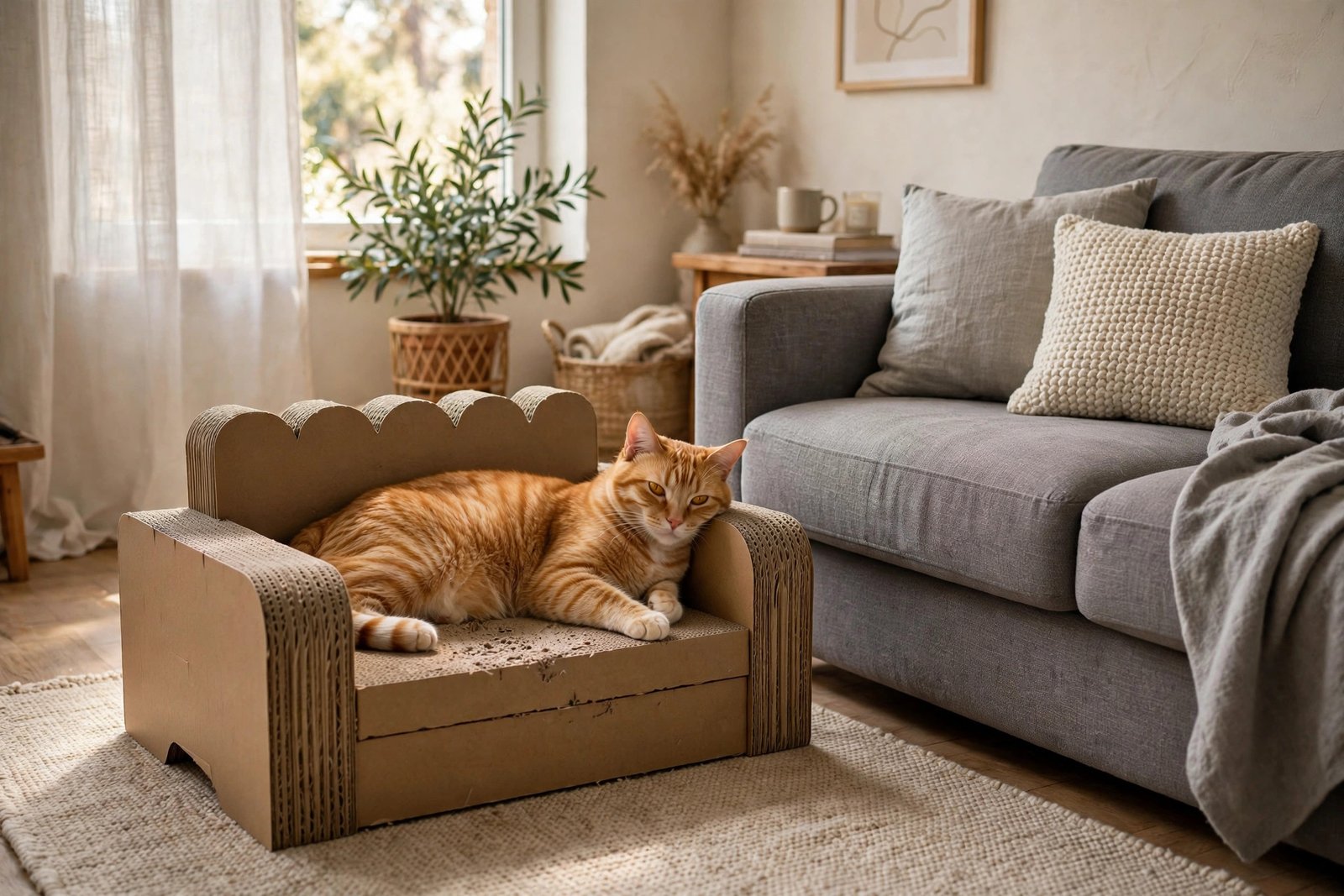 Orange tabby lounging on a cardboard sofa scratcher beside a gray couch
