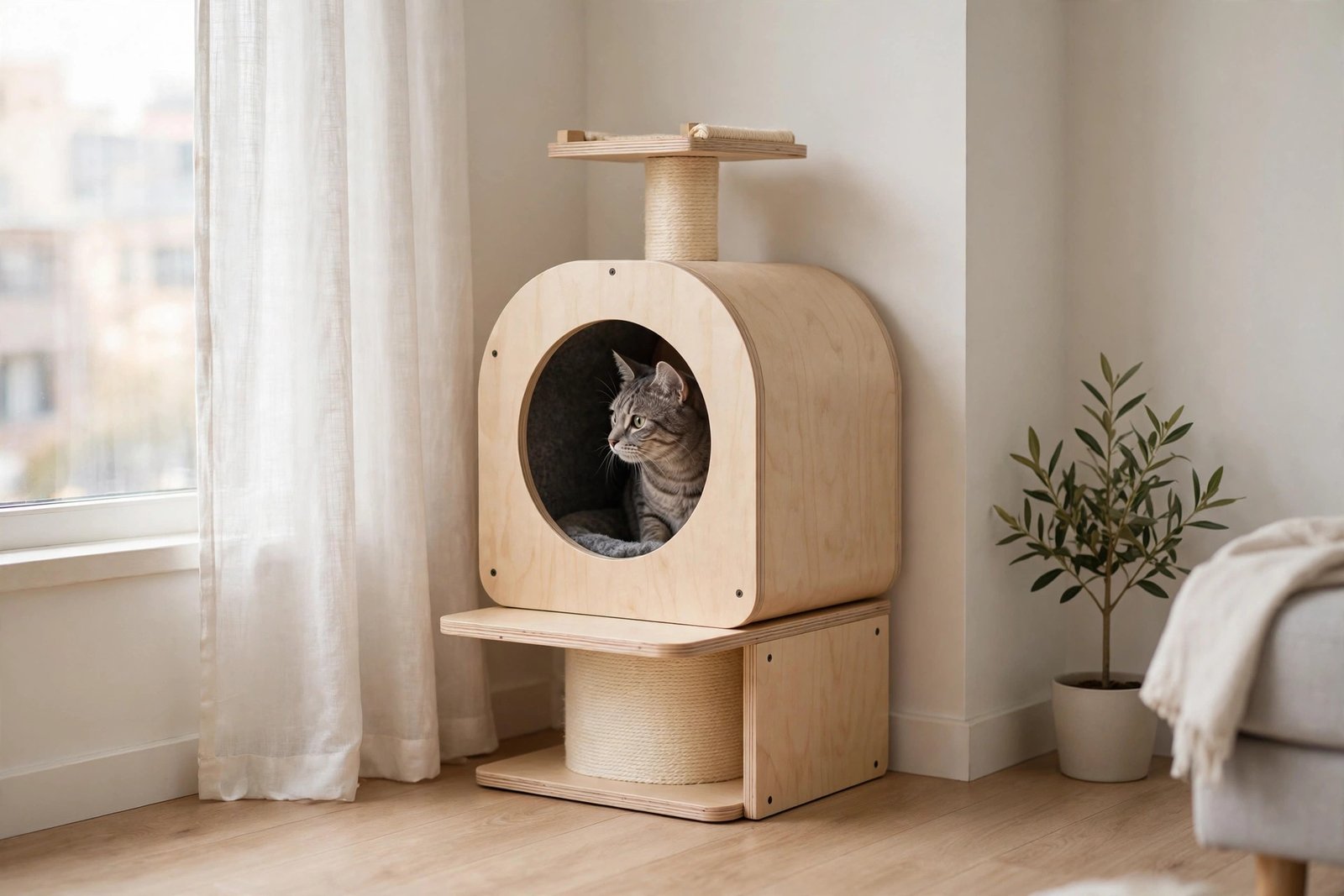 Cat peeking out of a wooden condo tower cave in a cozy apartment