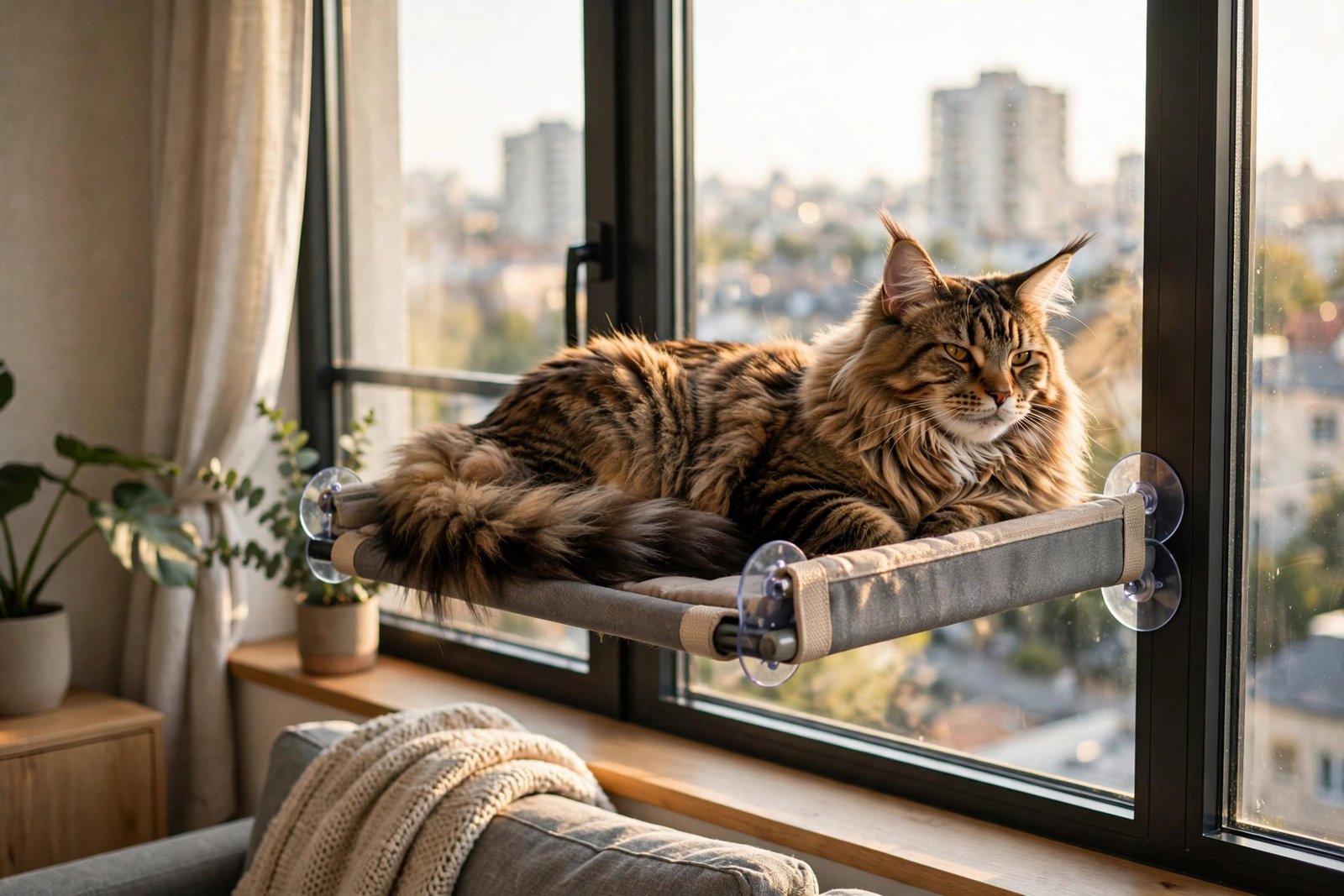 Maine Coon cat lounging on a suction-cup window perch