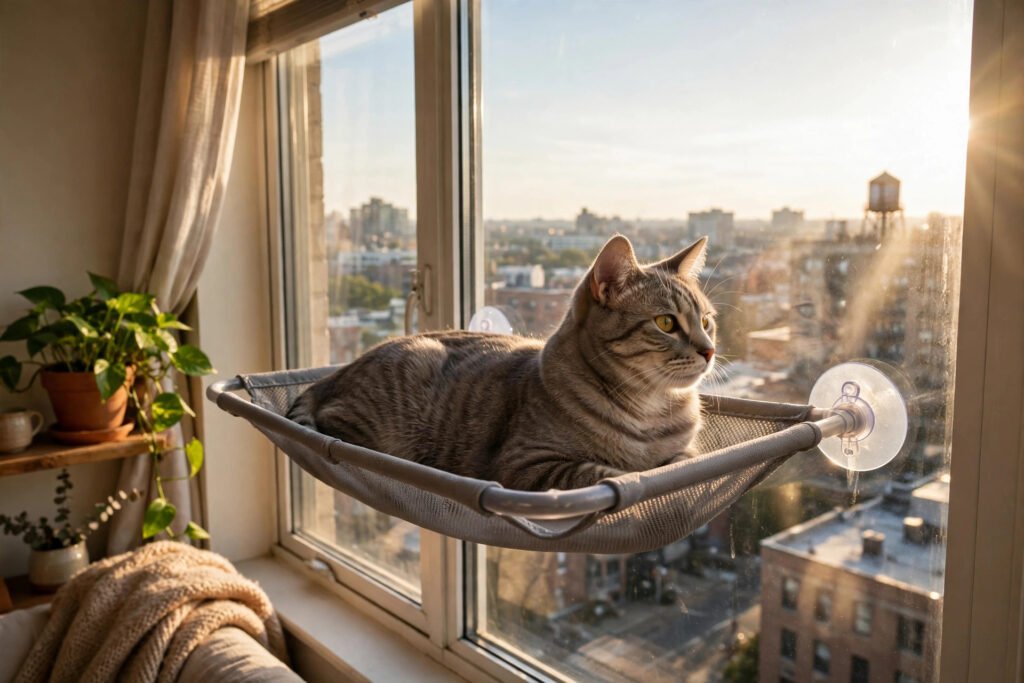 Tabby cat on a suction-cup hammock at a sunny apartment window