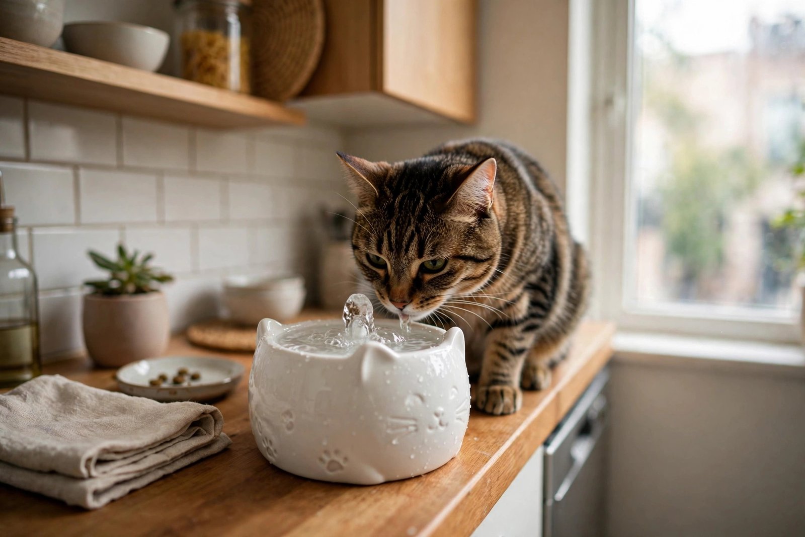 Tabby drinking from a small white ceramic fountain on a narrow kitchen counter