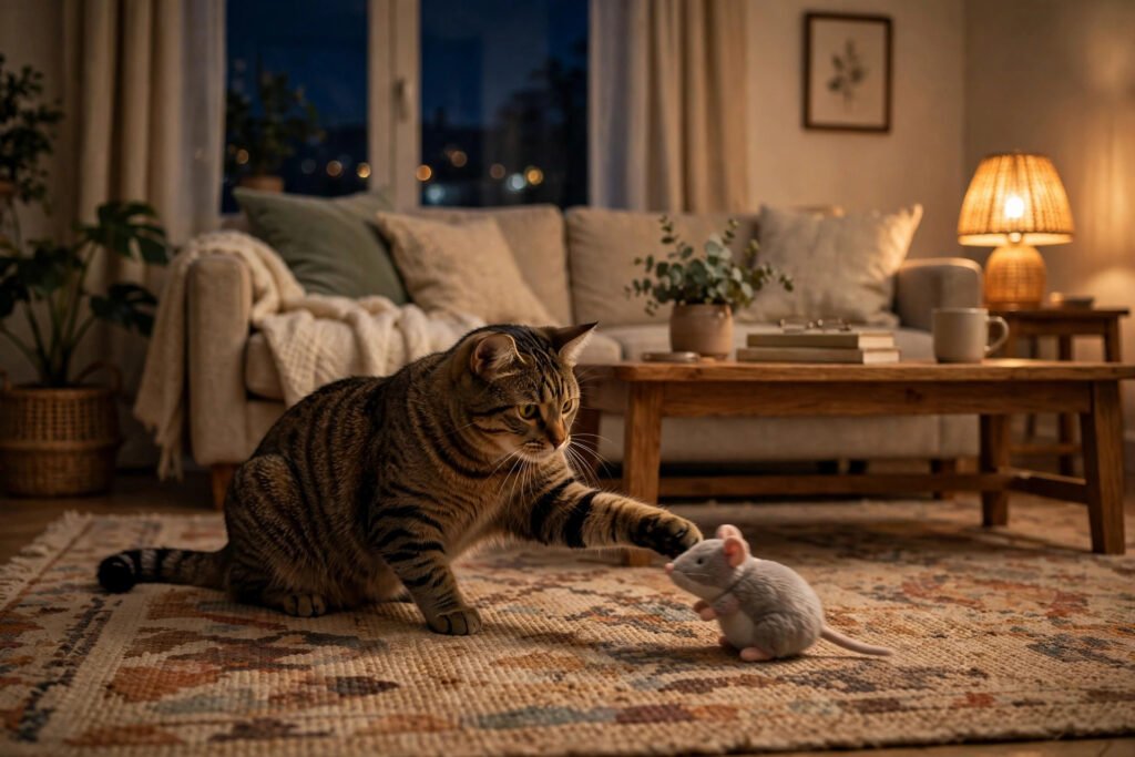 Tabby batting a plush mouse on a rug in a lamplit apartment at night