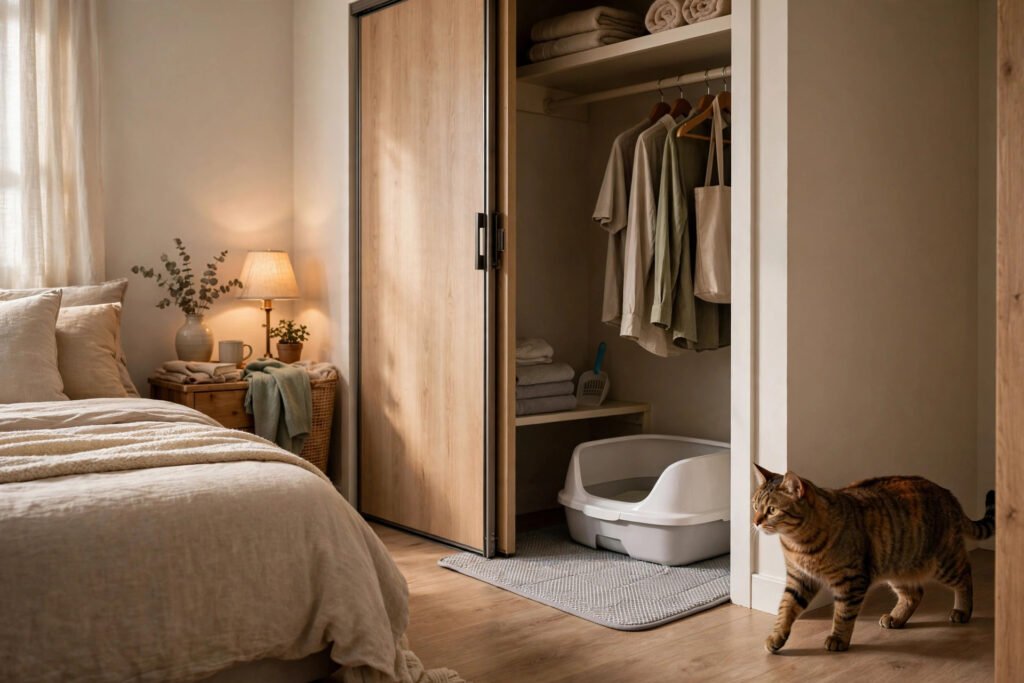 Litter box tucked inside an apartment closet with sliding door ajar, tabby approaching