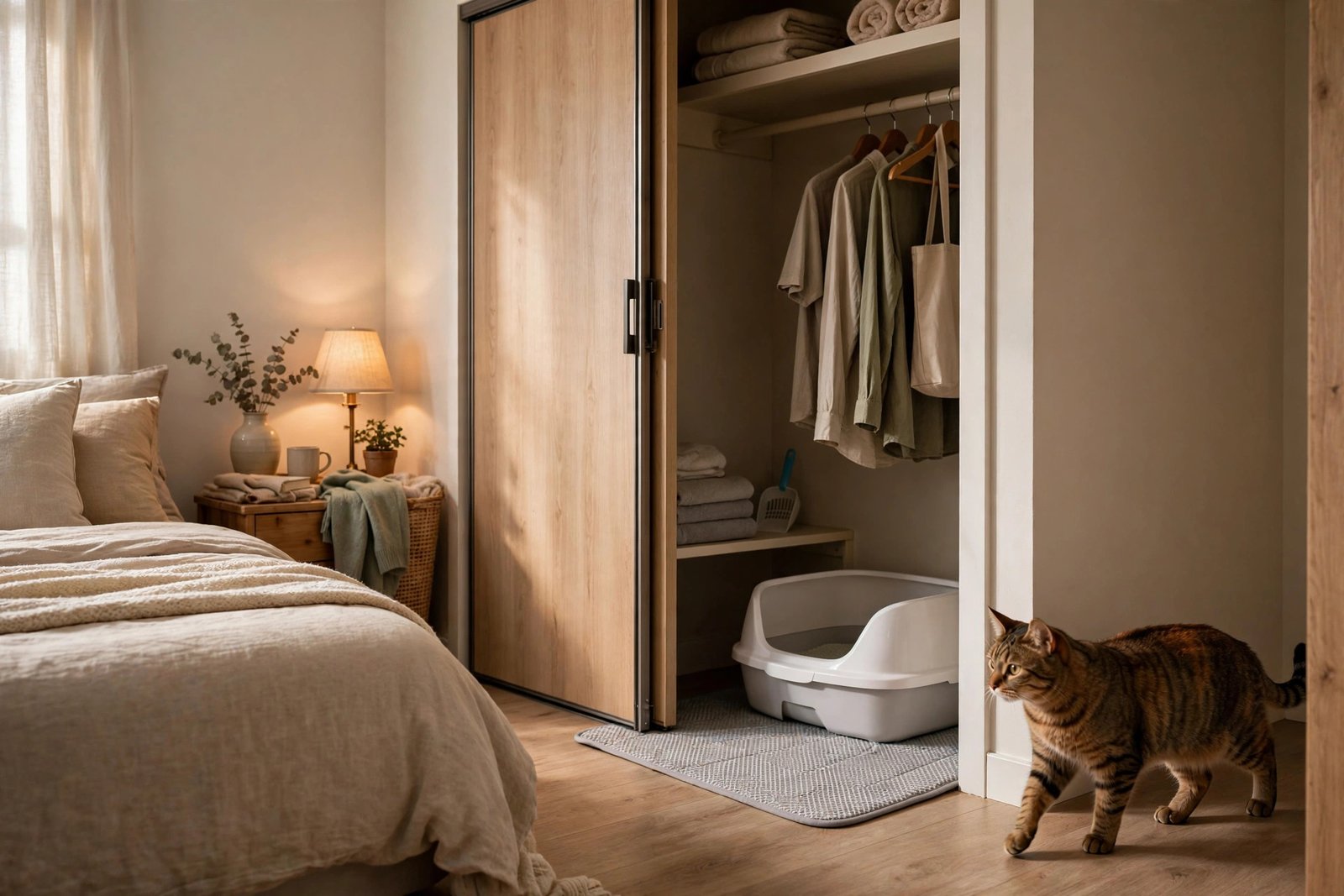 Litter box tucked inside an apartment closet with sliding door ajar, tabby approaching
