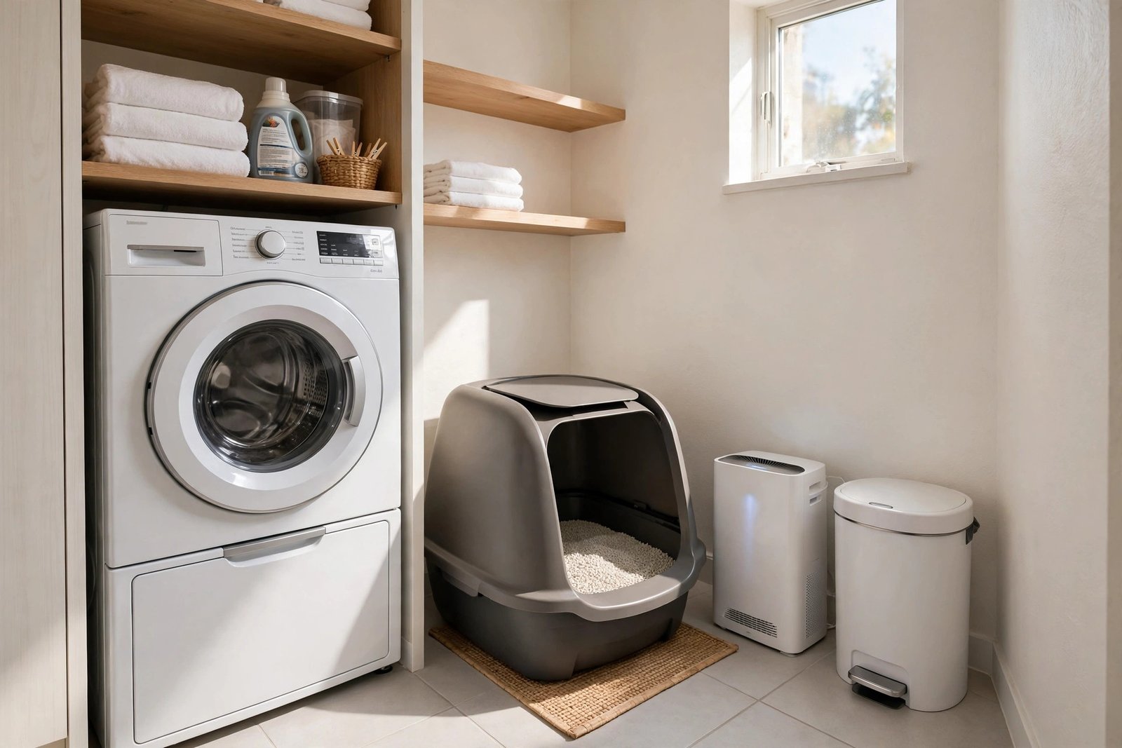 Covered litter box with air purifier and sealed waste pail in a bright laundry nook