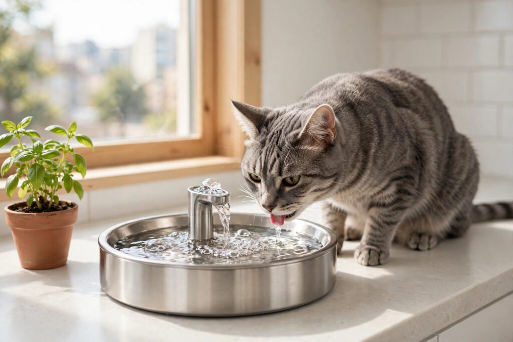 Tabby cat drinking from a stainless steel water fountain on a sunny apartment kitchen counter