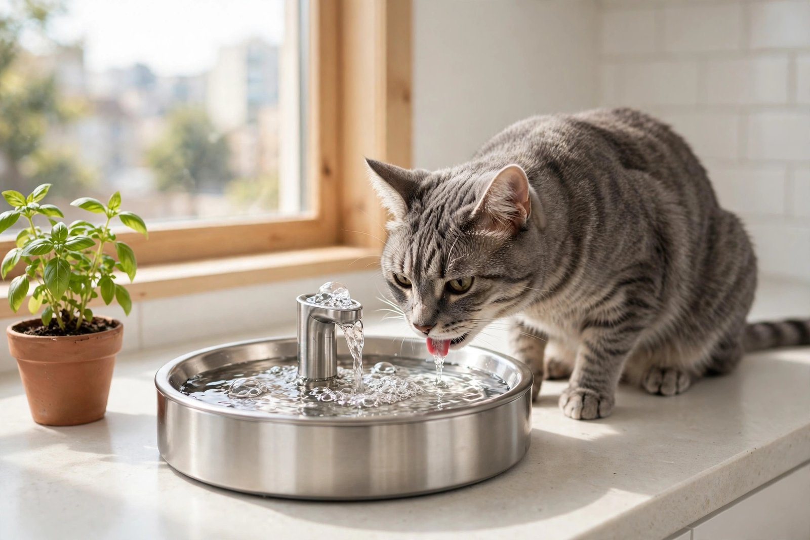 Tabby cat drinking from a stainless steel water fountain on a sunny apartment kitchen counter