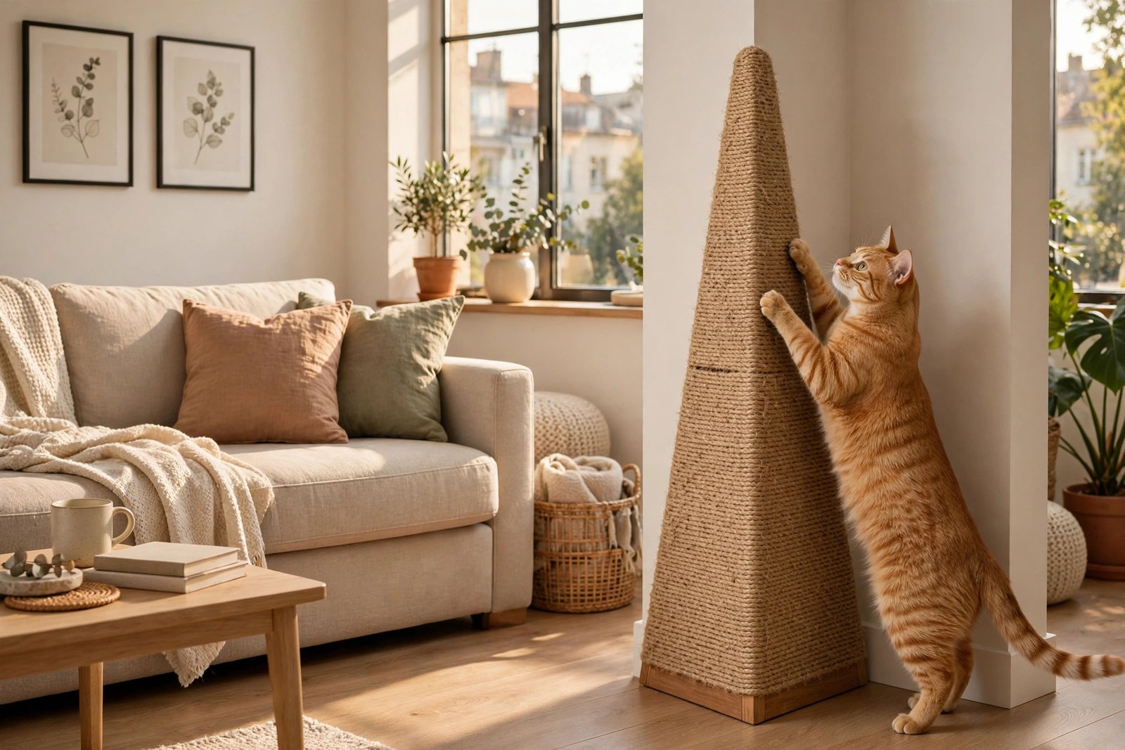 Orange tabby cat beside a triangular sisal corner scratcher in an apartment living room