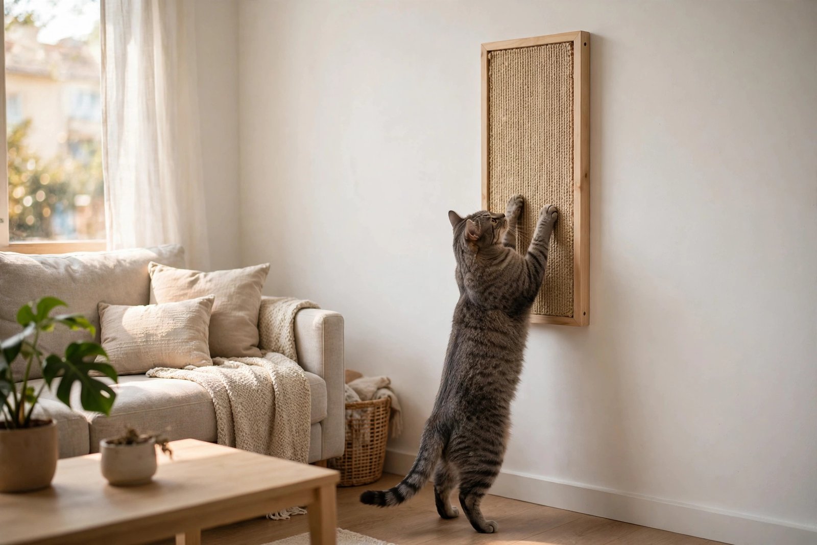 Tabby cat stretching on a wall-mounted sisal scratching panel in an apartment