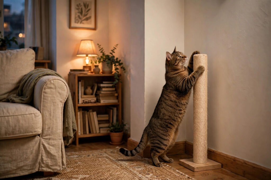 Tabby cat stretching up a compact sisal scratching post in a small apartment corner