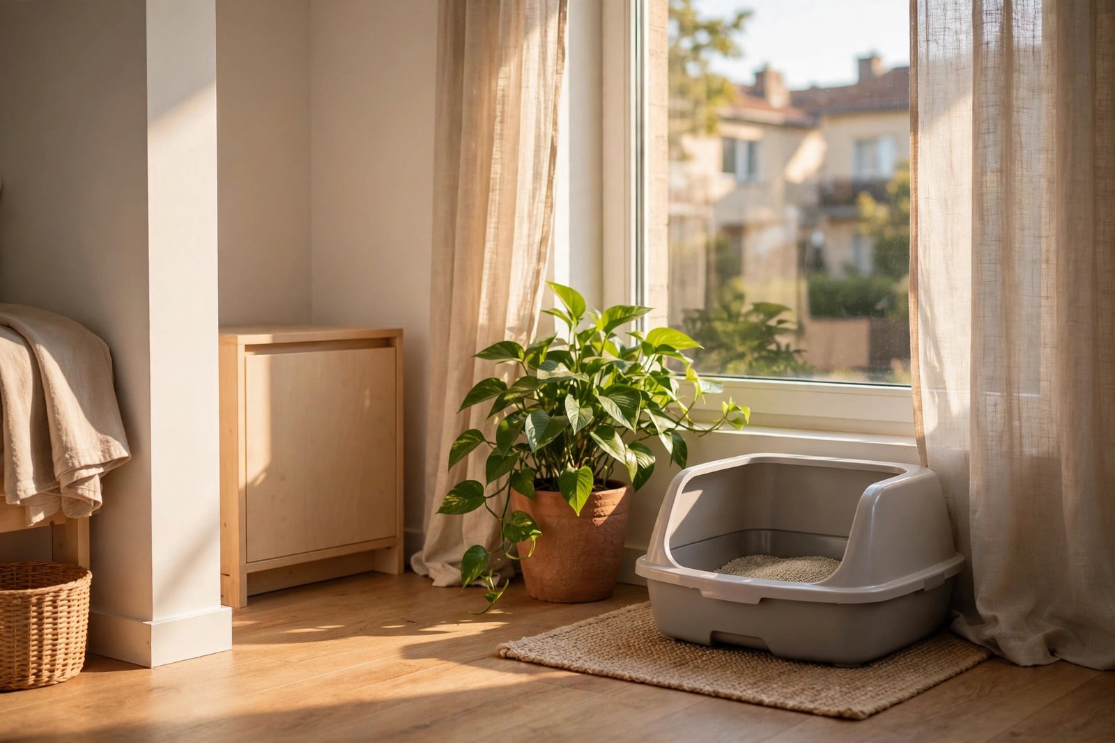 Cat litter box placed beside a sunny apartment window with a green plant
