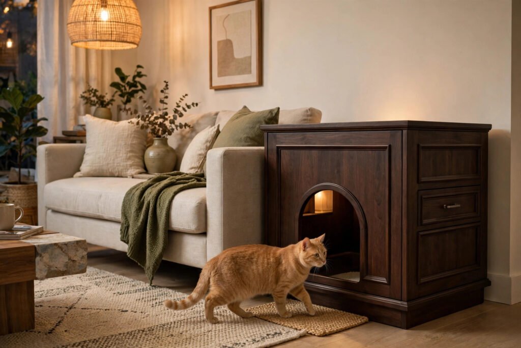 Wooden litter box enclosure cabinet styled as furniture in a cozy living room