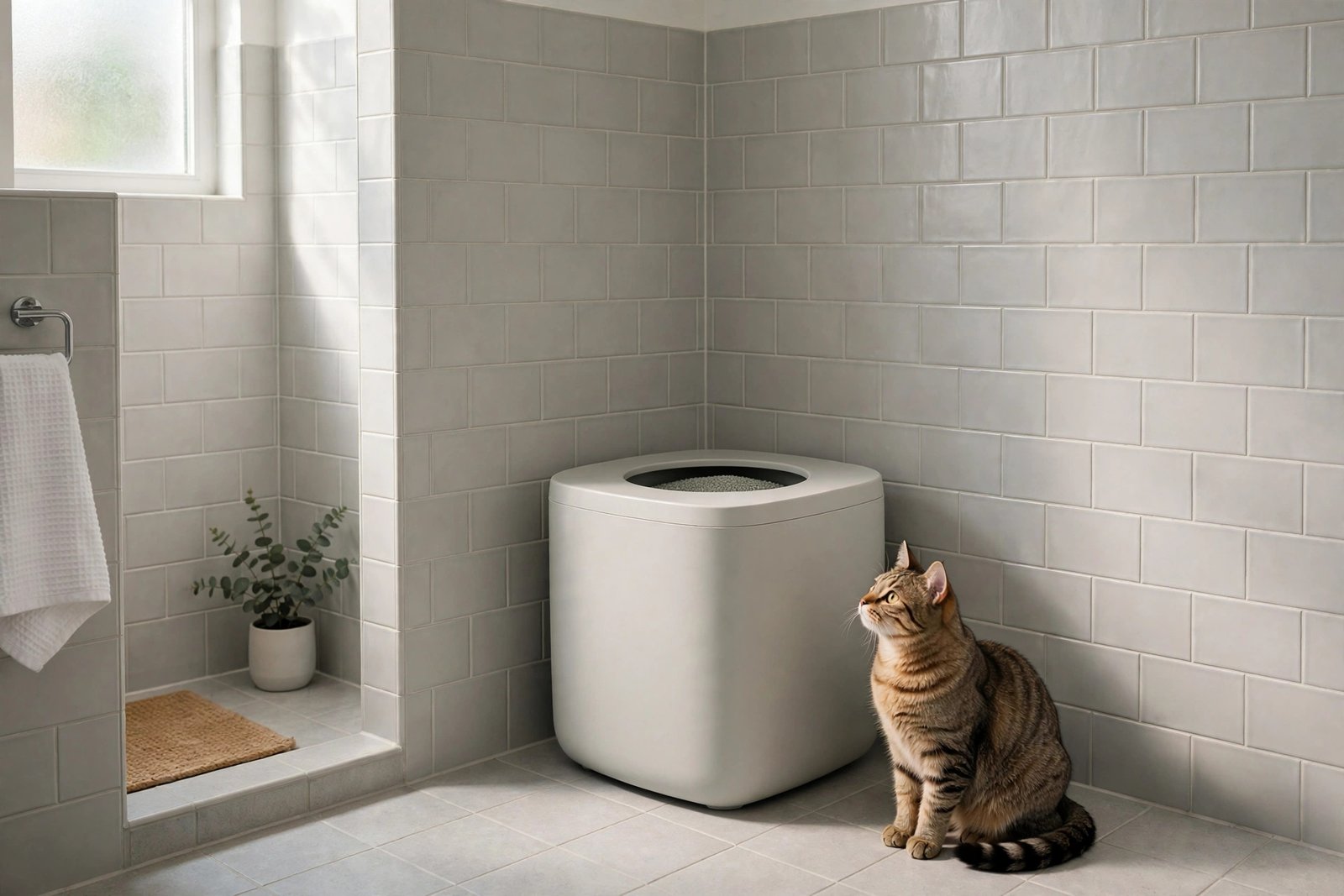 Top-entry cat litter box in a bright apartment bathroom with a tabby cat beside it