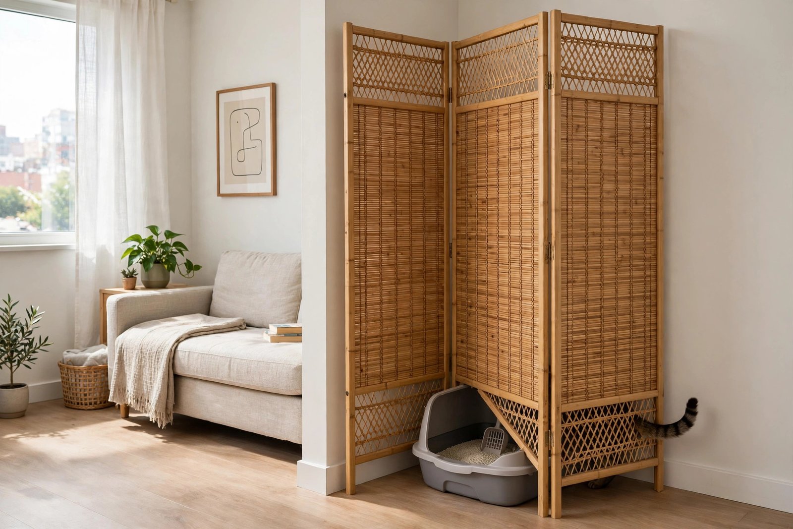 Bamboo folding screen hiding a litter box in a living room corner