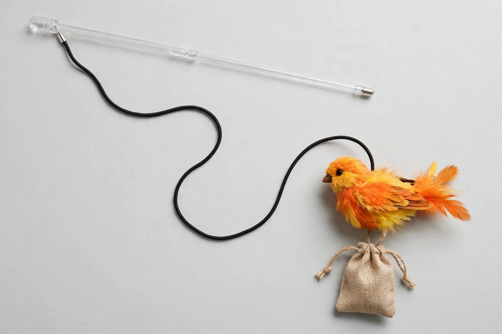 Cat teaser wand with elastic string and feathered crinkle bird toy