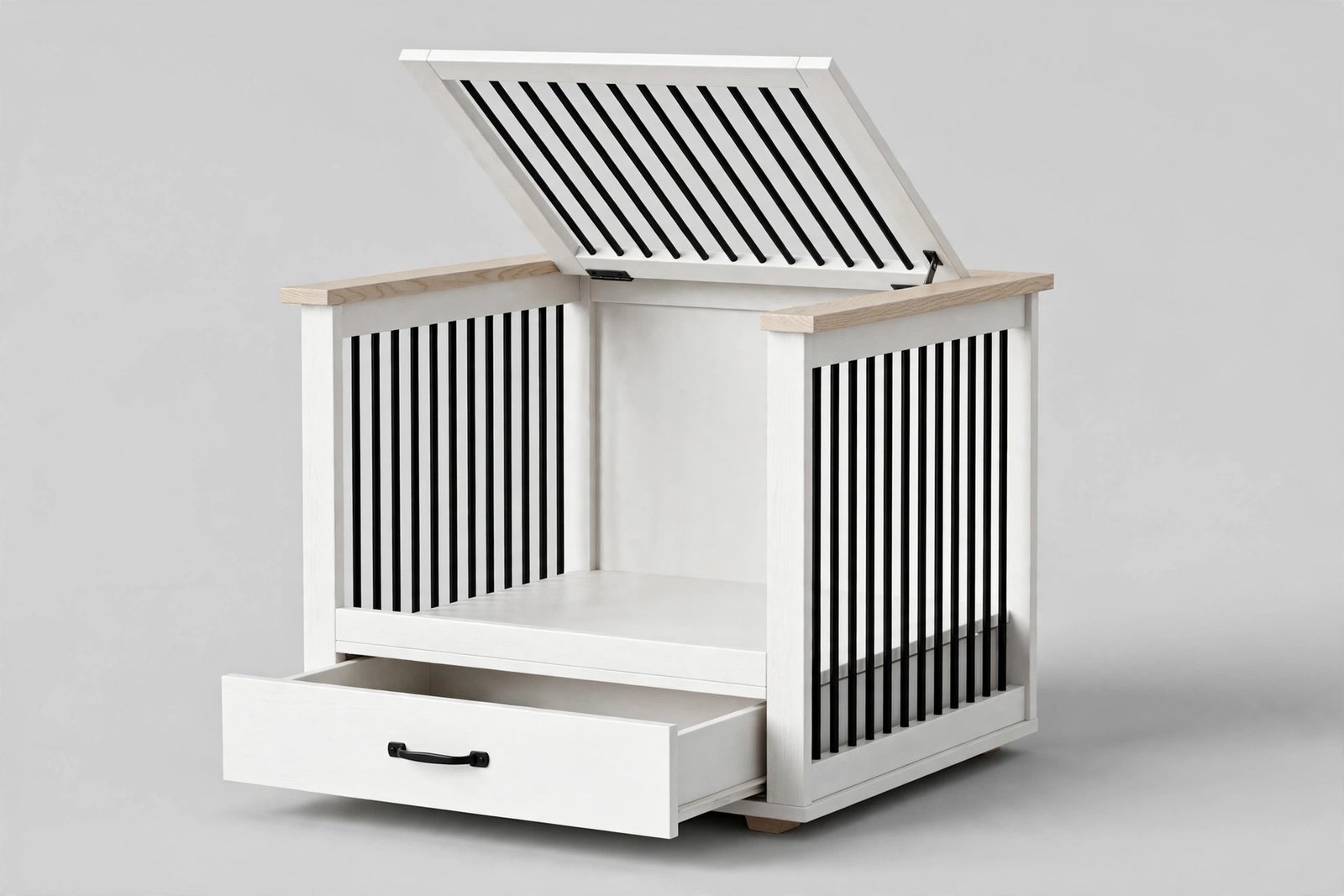 White end-table dog crate with steel bar sides, flip-up door, and pull-out storage drawer