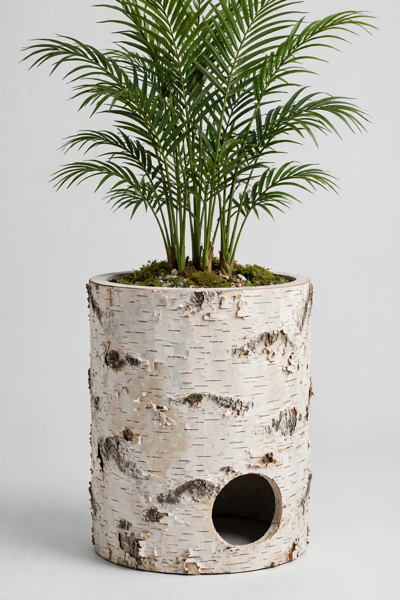 Round planter-style hidden litter box with faux palm plant