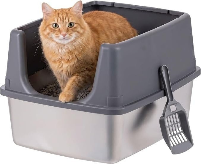 IRIS stainless steel open-top litter box with scatter shield