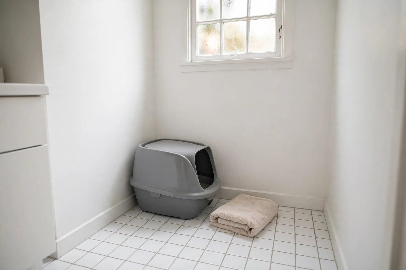 Covered cat litter box tucked into the corner of a bright apartment bathroom