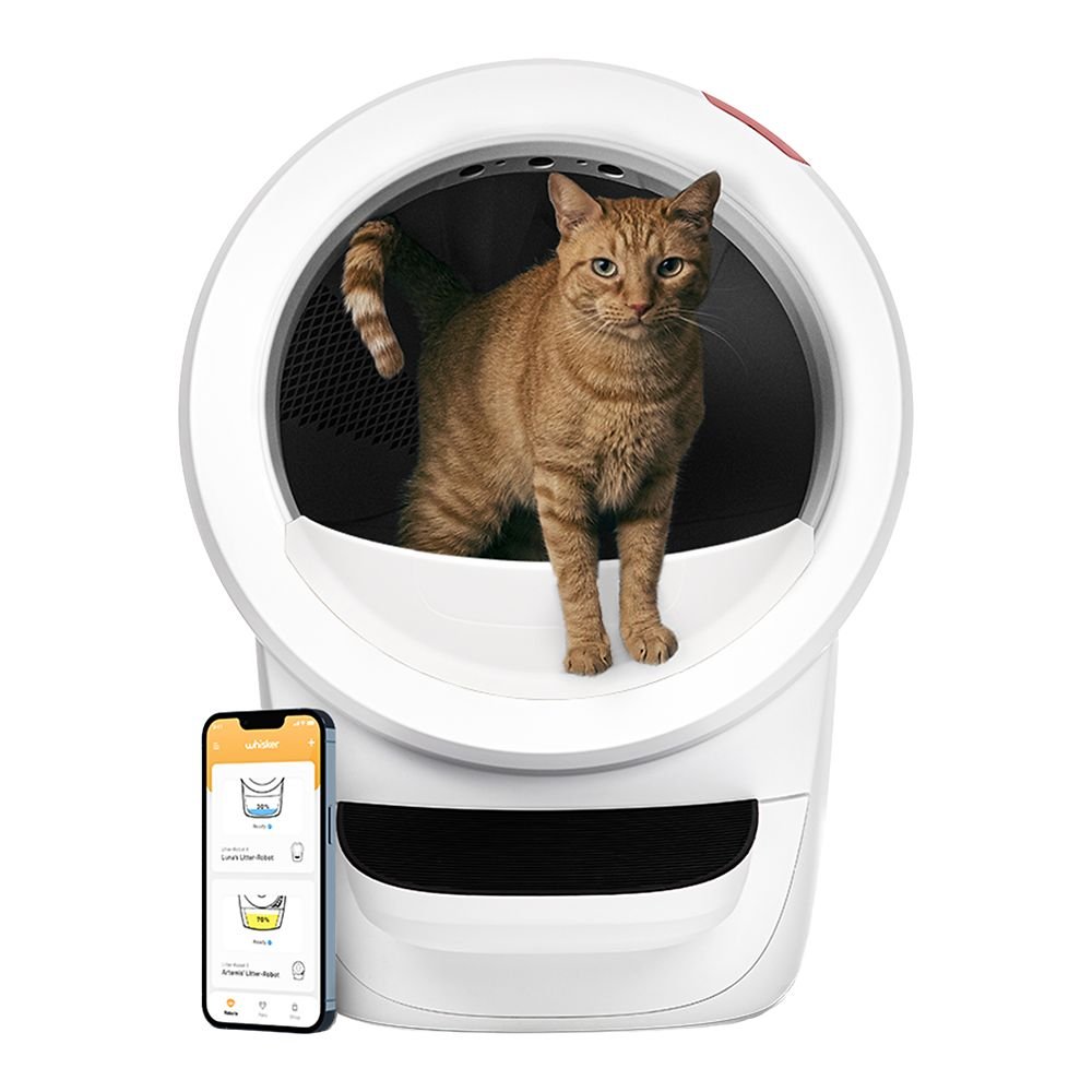 Litter-Robot 4 automatic self-cleaning litter box with a cat inside the globe
