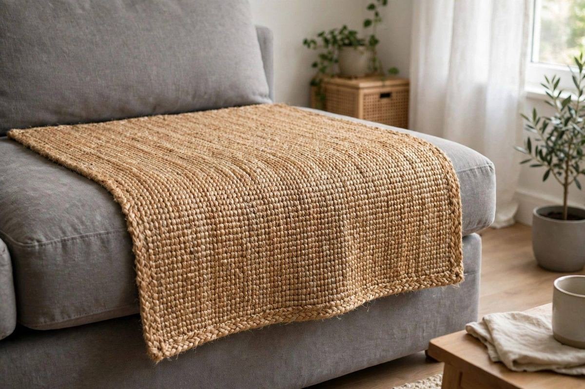 Natural sisal furniture cover mat draped over a gray couch cushion in an apartment living room