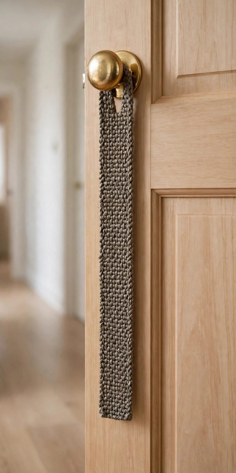 Narrow woven sisal scratching mat hanging over a brass doorknob in an apartment