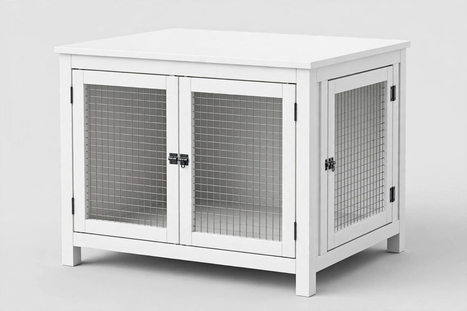 White wooden end-table dog crate with front double doors and a side wire door