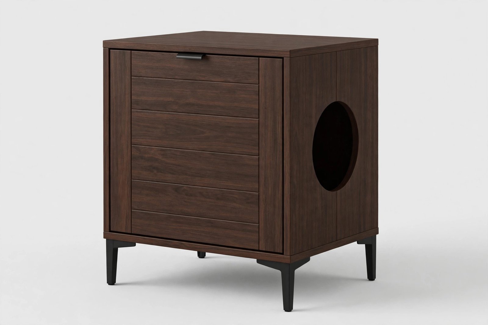 New Age Pet ecoFLEX litter box end table in espresso with flip-down front door