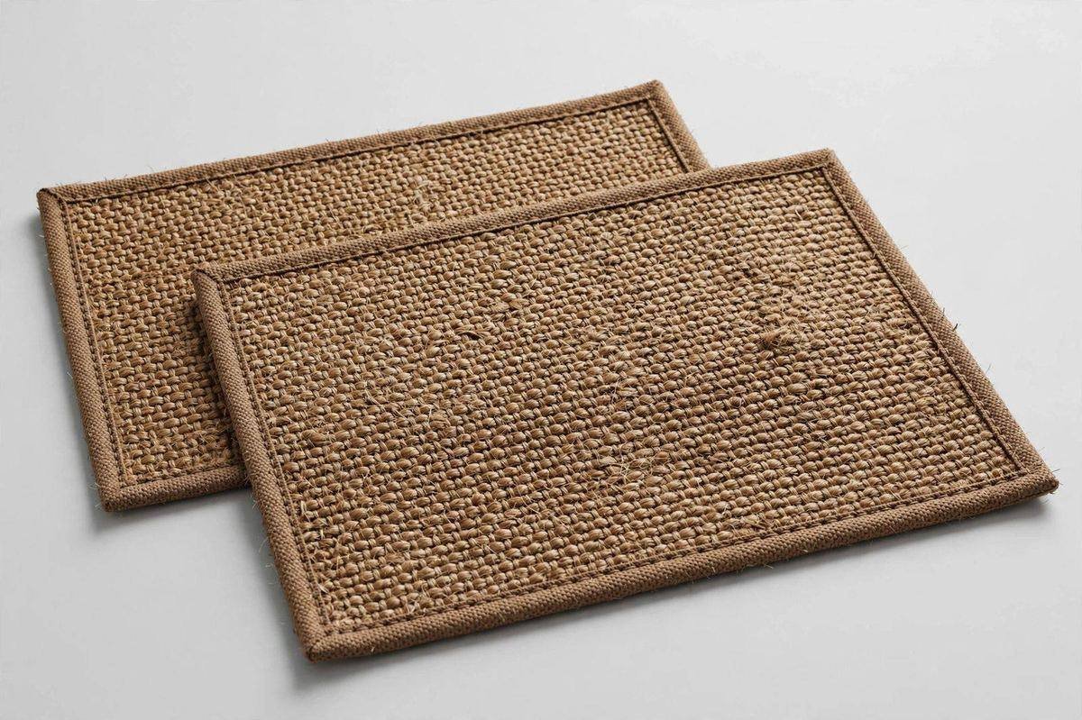 Two flat brown natural sisal cat scratching mats with reinforced stitched edges