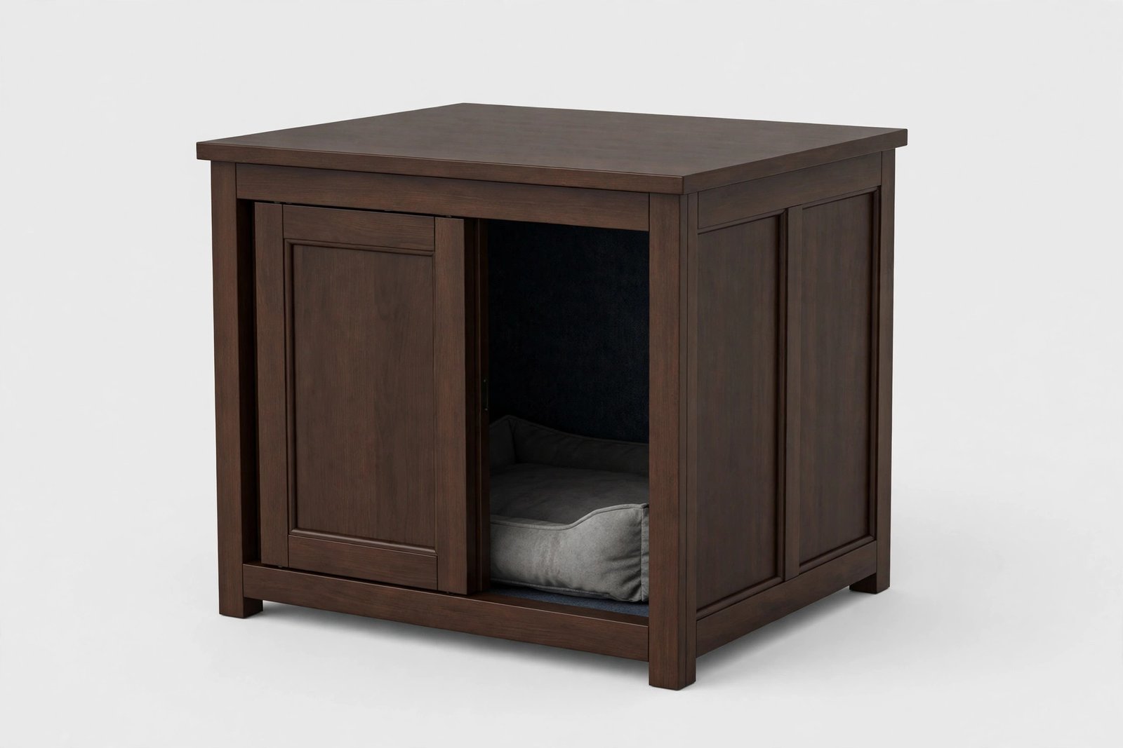 Dark brown covered den-style end-table dog crate with sliding front door and cushion inside