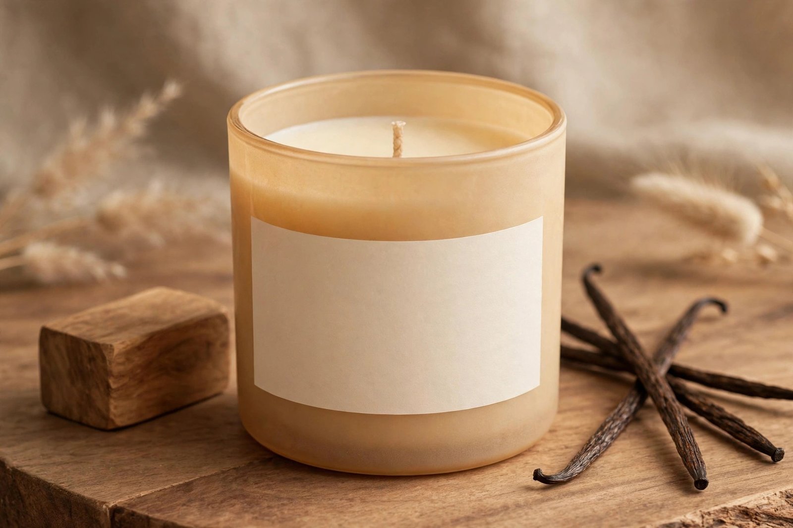 Luxury vanilla sandalwood scented candle in amber glass jar
