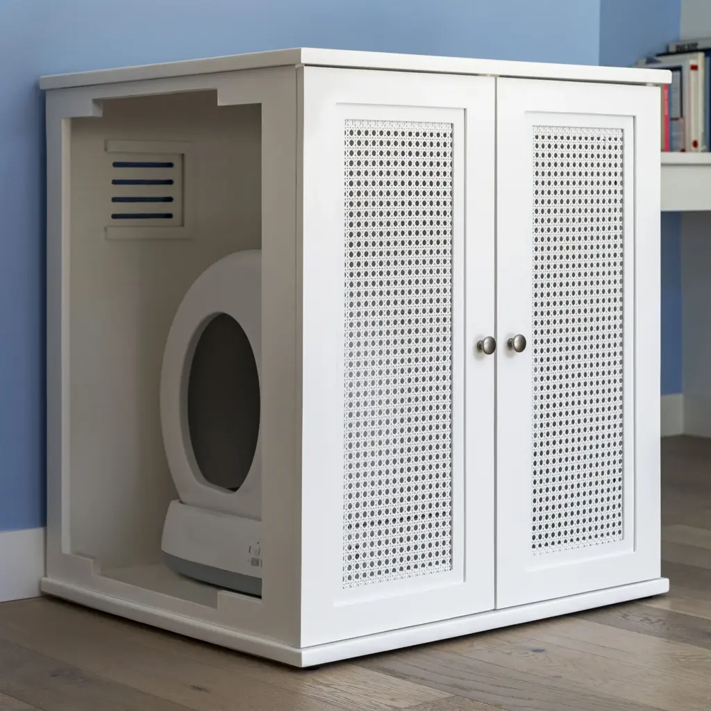 THE REFINED FELINE white self-cleaning litter box cabinet