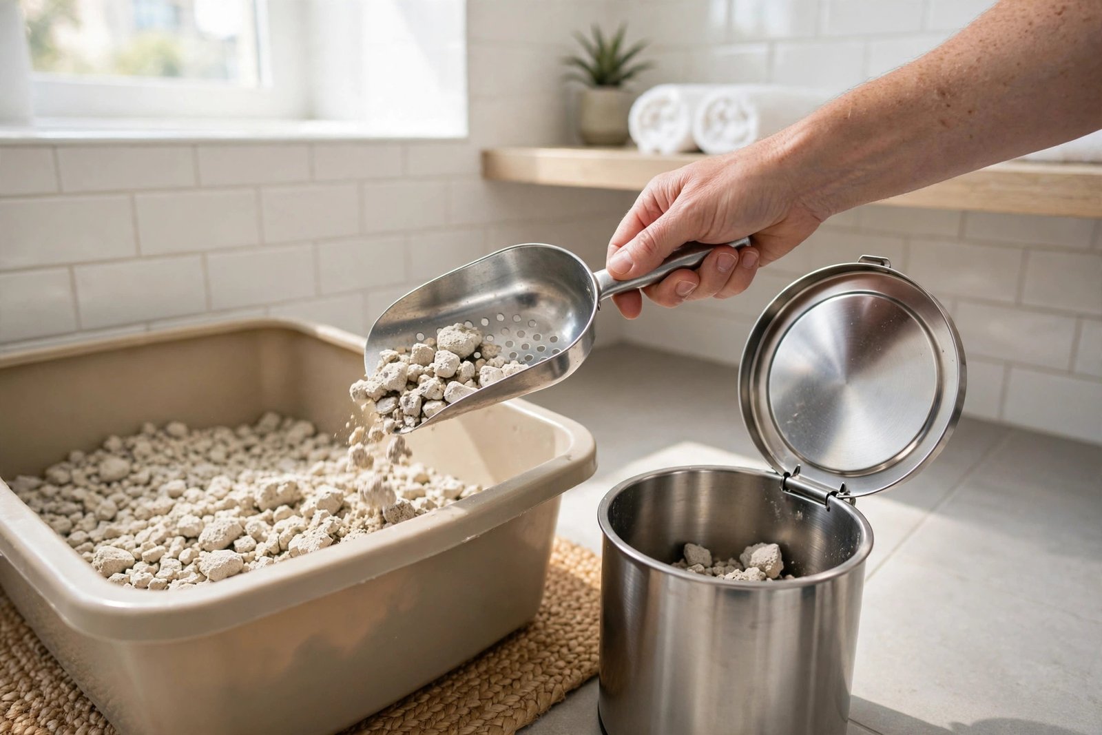 Hand scooping cat litter into a sealed stainless steel pail