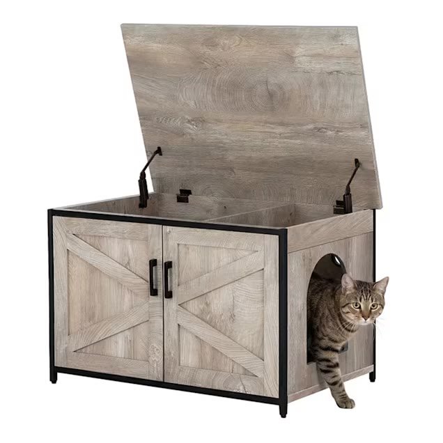 UniPaws weathered gray cat litter box enclosure with top opening