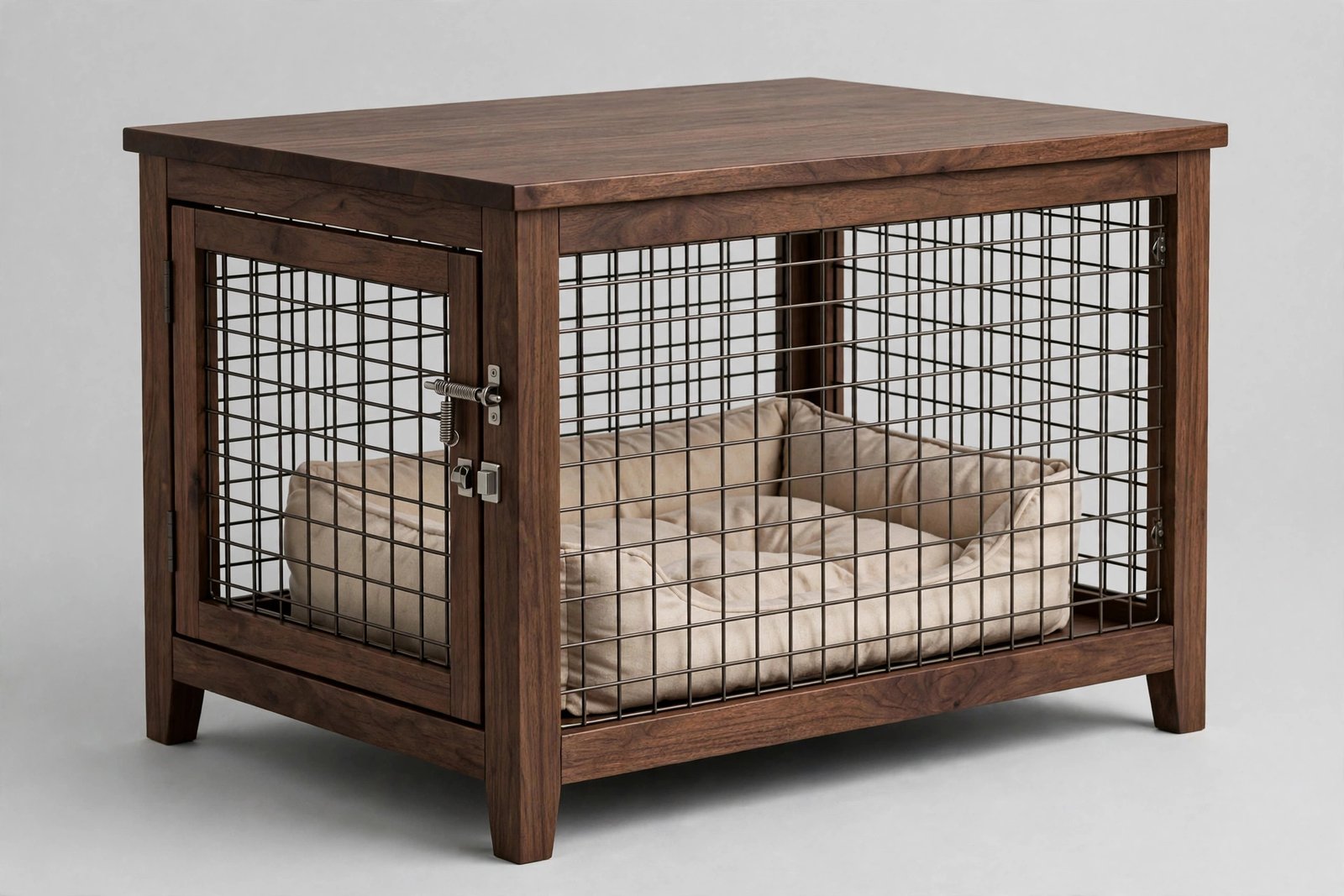 Walnut wooden-wire end-table dog crate with soft bed cushion inside and spring-latch door