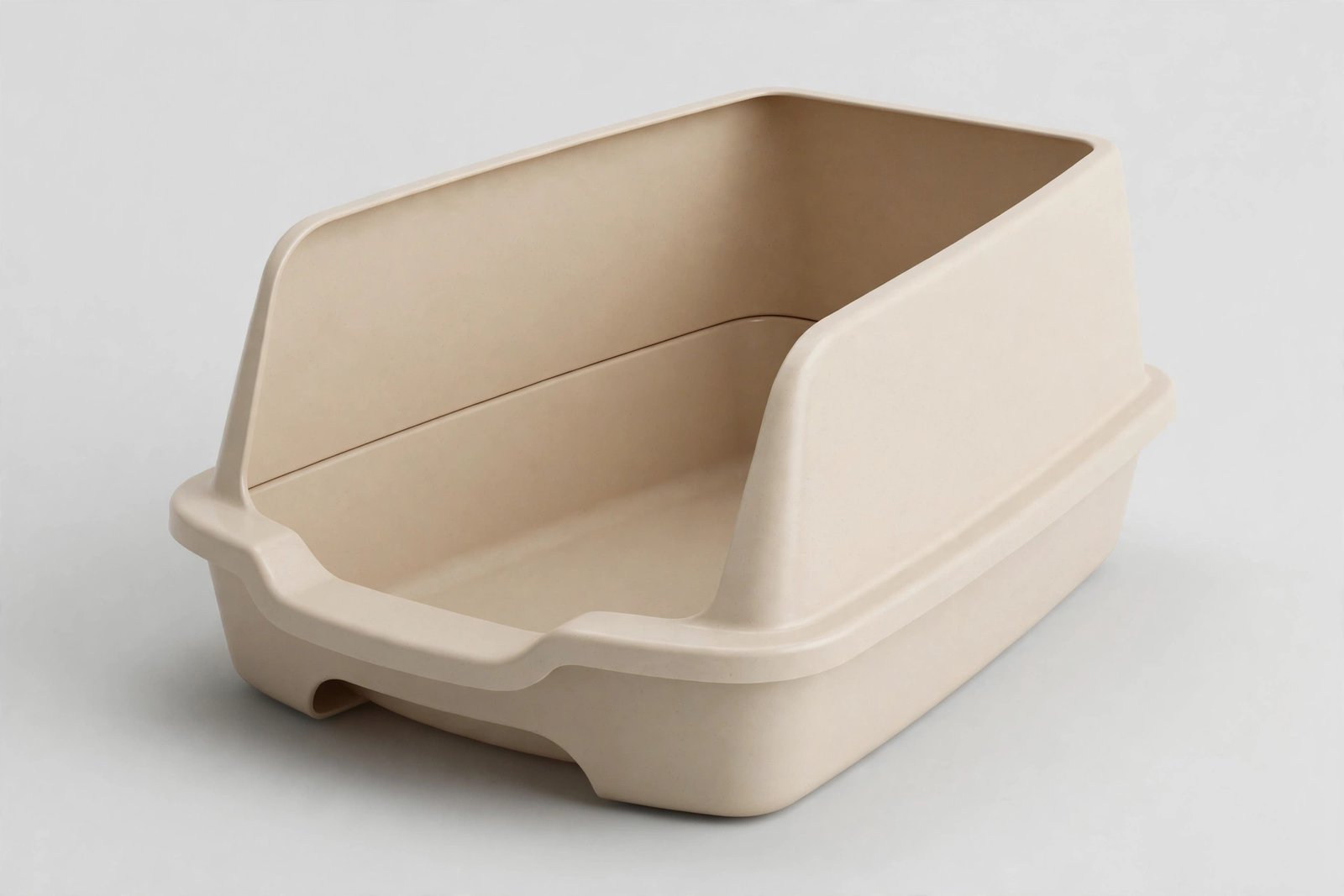 Beige Van Ness high-side corner cat litter box with low front entry cutout