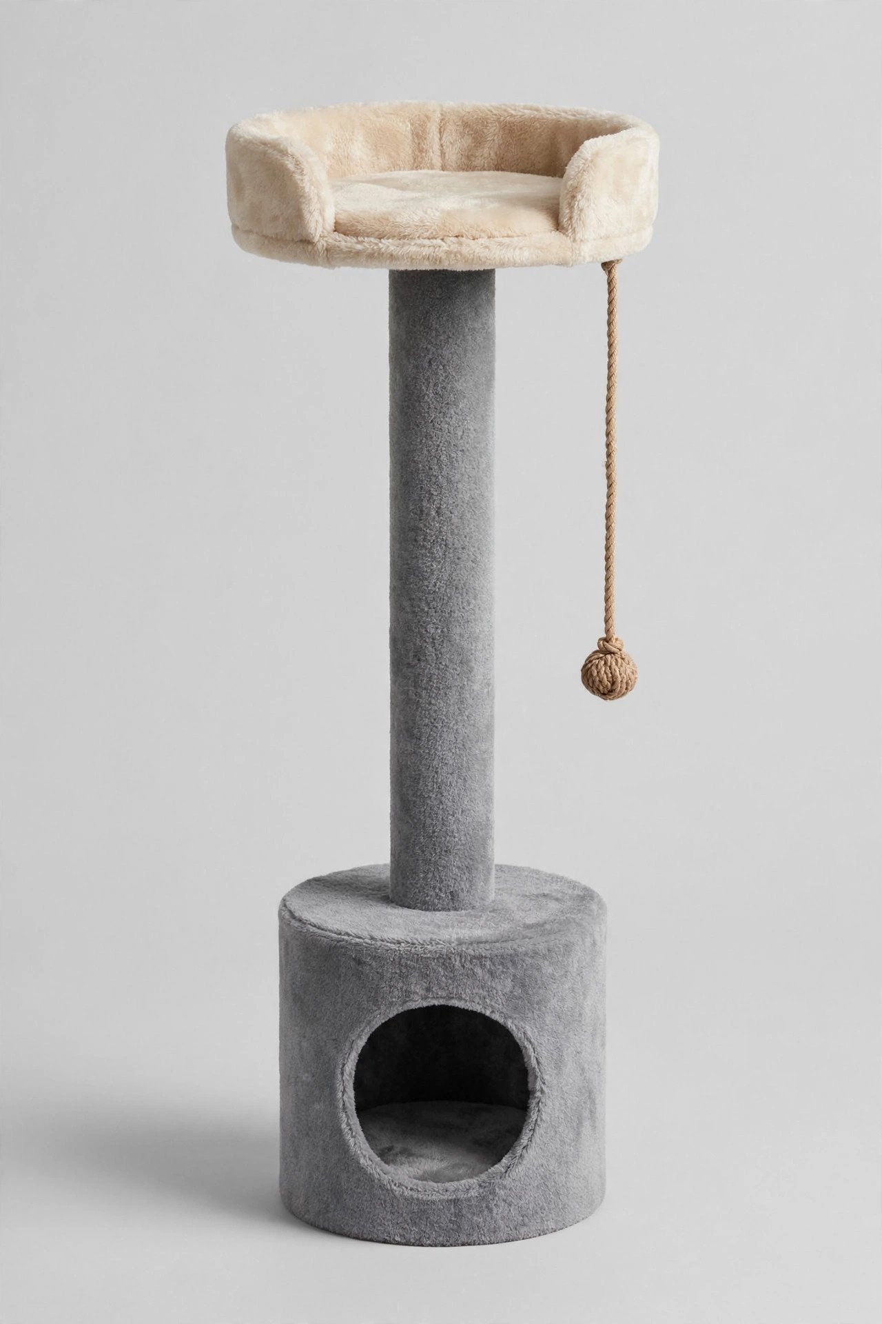 Whisker City 37-inch gray cat tunnel tower with scratching post and fleece perch