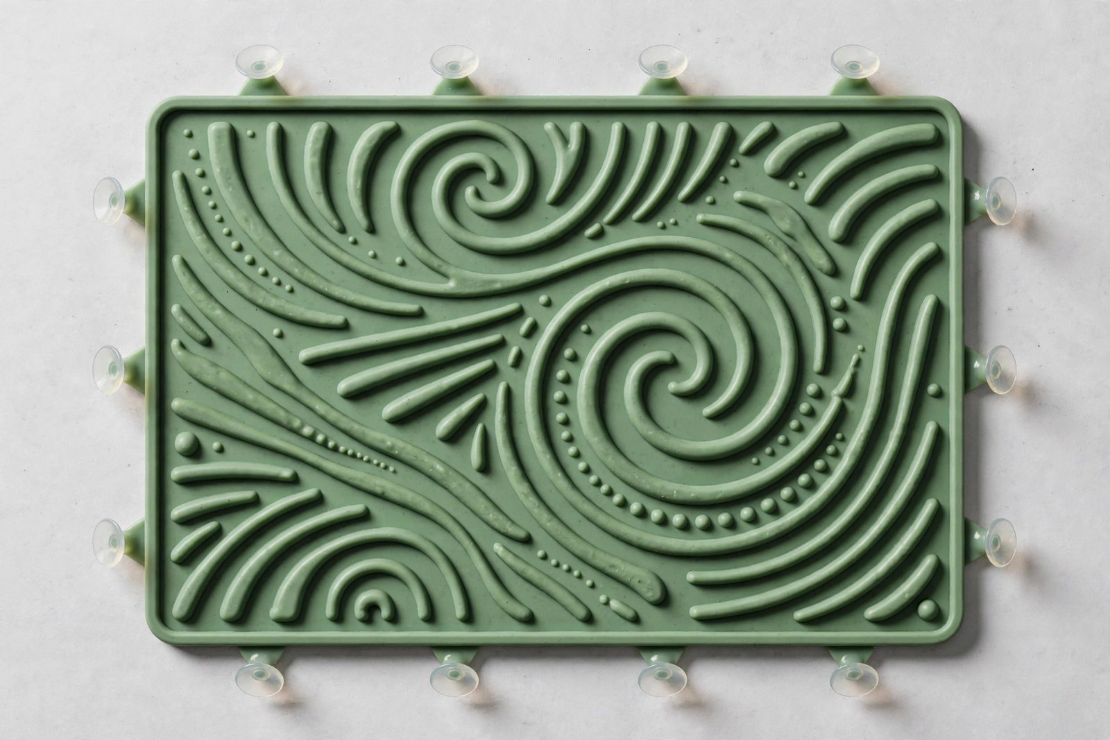 Green silicone dog lick mat with textured treat-spreading surface