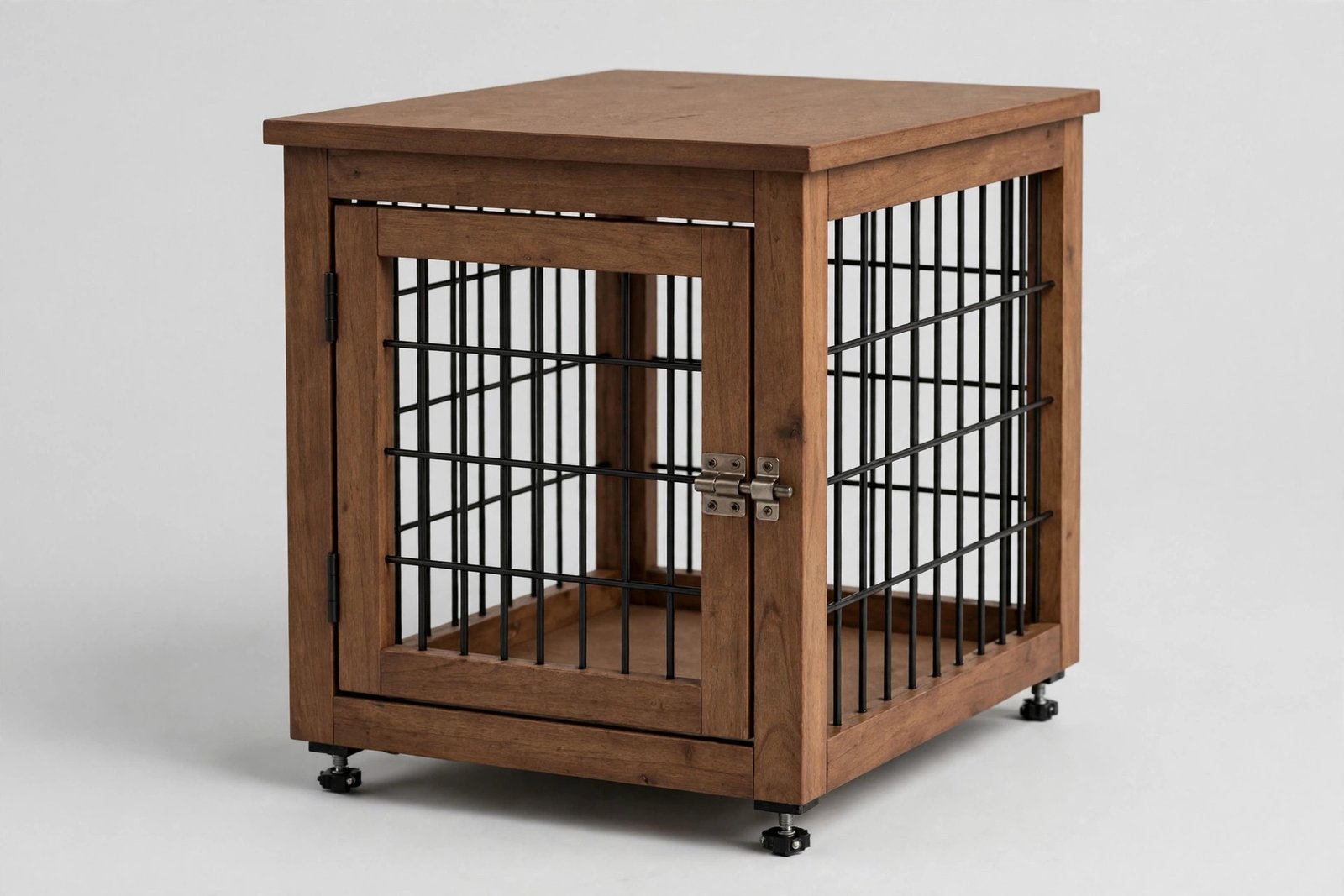 Brown furniture-style small dog crate with iron bar sides and adjustable feet