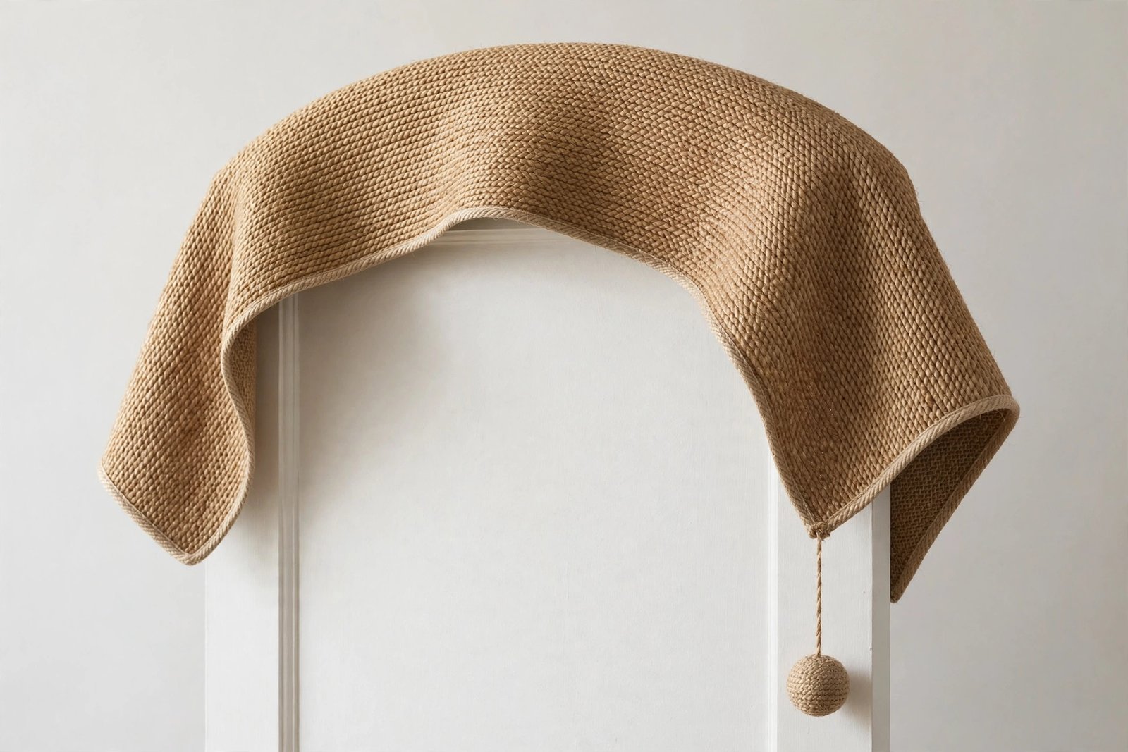 Arched natural sisal cat scratcher pad with cord edging and attached ball toy draped over a door
