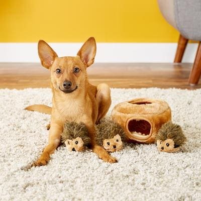 ZippyPaws Hedgehog Den burrow with three small plush hedgehogs and a small dog